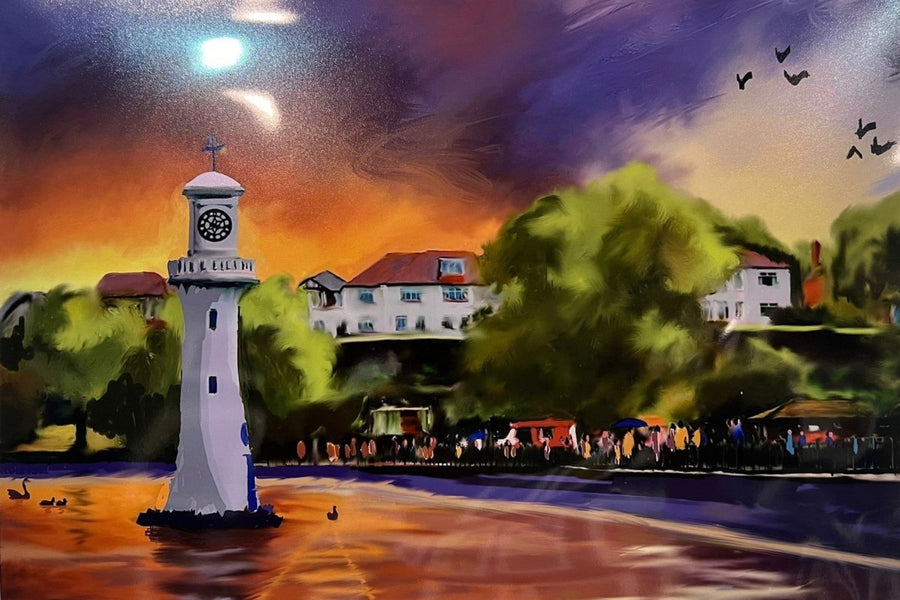 Roath Park on Purple - A3 Mounted - A Welsh Secret - Christopher Langley - A4 Mounted - 